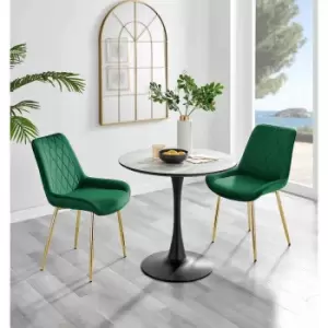 Image of Furniture Box Elina White Marble Effect Round Dining Table and 2 Green Pesaro Gold Leg Chairs