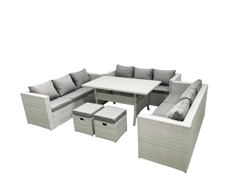 Image of Fimous Rattan Garden Outdoor Furniture Set 11 Seater Garden Sofa Rectangulr Dining Table Set with 2 Small Footstool Light Grey Mixed Light Grey