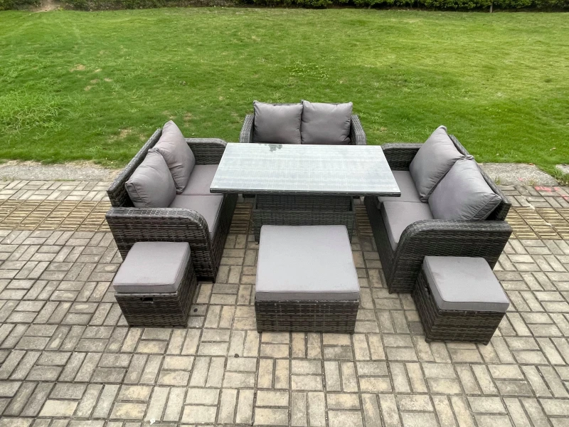 Image of Fimous Rattan Garden Outdoor Furniture 3 PC Love Sofa Set Adjustable Rising lifting Dining Table With 3 Footstools Dark Grey