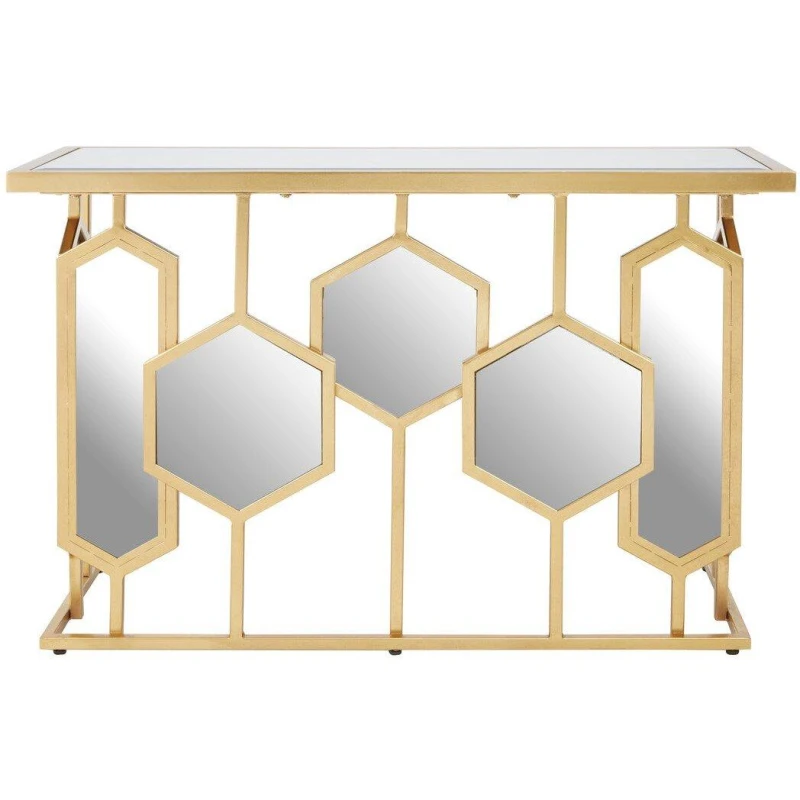 Image of Premier Housewares Geometric Console Table For Sitting Area, Modern Design Decorative Table, Table With Hexagonal Mirror Base Gold