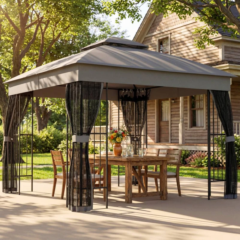 Image of OUTSUNNY 3 x 3m Garden Gazebo with Shelves, UPF50+ Permanent Gazebo in Grey Size: 3m x 3m Grey Unisex 3m x 3m