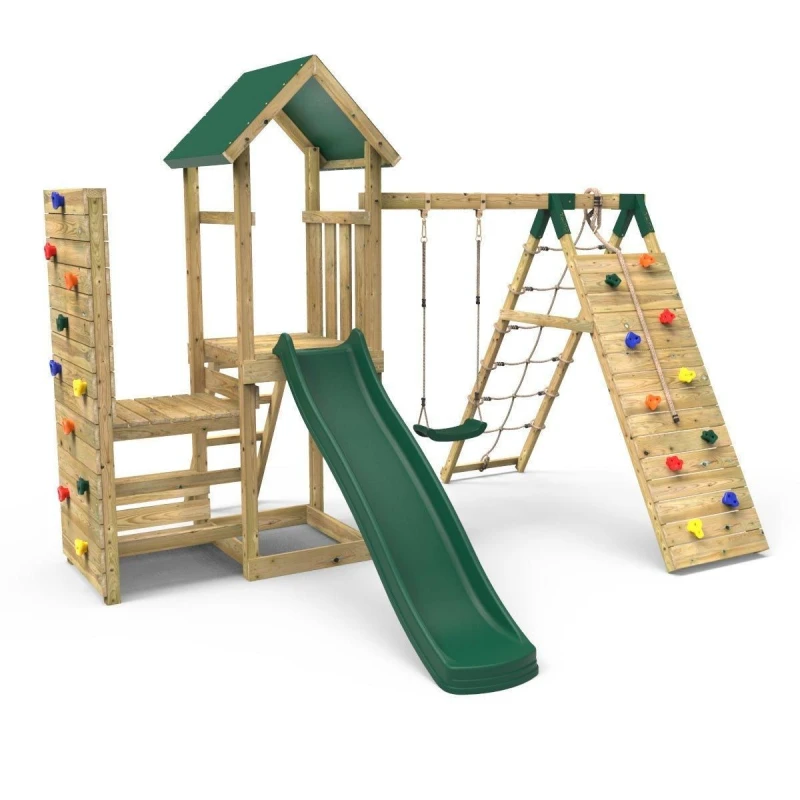Image of Rebo Wooden Climbing Frame with Swings, Climbing Walls and Slide - Bear Green Green