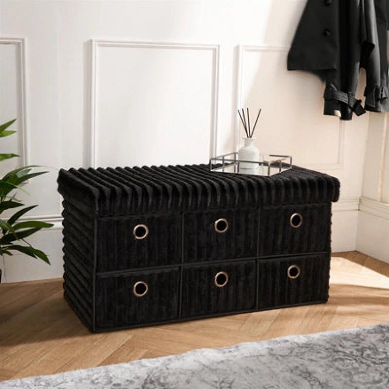 Image of OHS OHS Storage Cube Unit 6 Draw Ottoman Space Saving Chest Shoe Ribbed Organiser in Black One Size Unisex 5027434232970