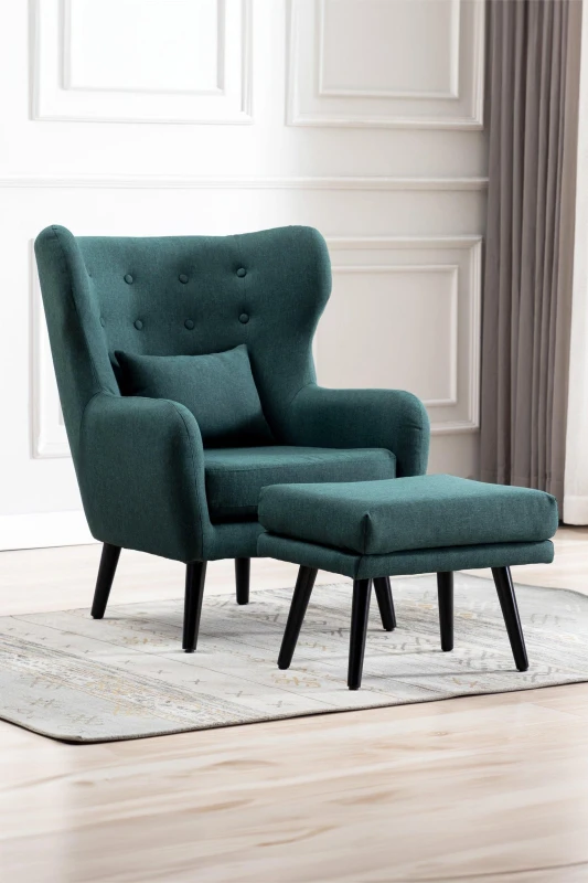 Image of More4Homes Winslow Wing Back Fabric Occasional Button Back Armchair w Footstool in Dark Green Dark Green Unisex