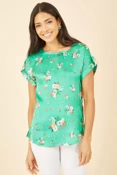 Image of Green Satin Floral Relaxed Fit Top