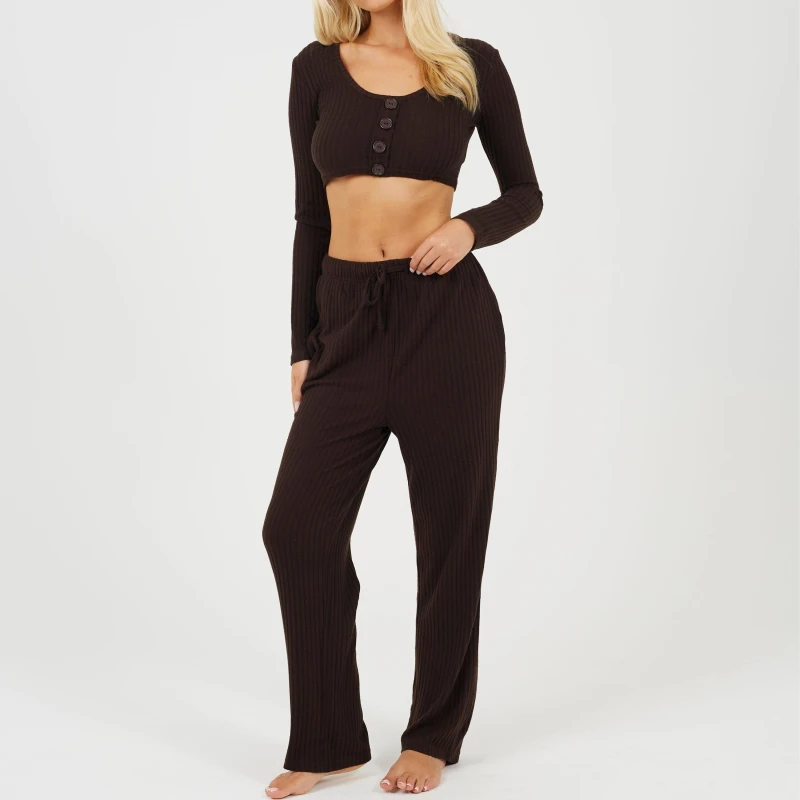 Image of Brave Soul Brave Womens Long Sleeve Cropped Top and Matching Trouser Lounge Set Chocolate female 10 (S)