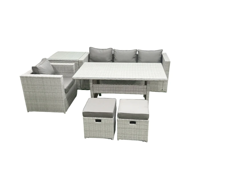 Image of Fimous Rattan Garden Furniture Dining Set 6 Seater Lounge Sofa Chair Dining Table Set with 2 Small Footstools Side Table Light Grey Mixed Light Grey