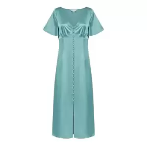 Image of Yumi Blue Satin Button Down Midi Dress - Blue