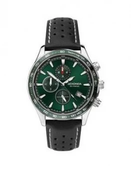 Image of Sekonda Sekonda Green Dual Time Dial Black Leather Strap Mens Watch