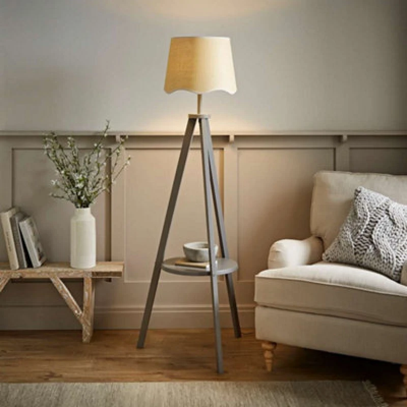 Image of ValueLights Morrigan Grey Wood Tripod Floor Lamp with Scallop White Trim Tapered Lamp Shade Grey