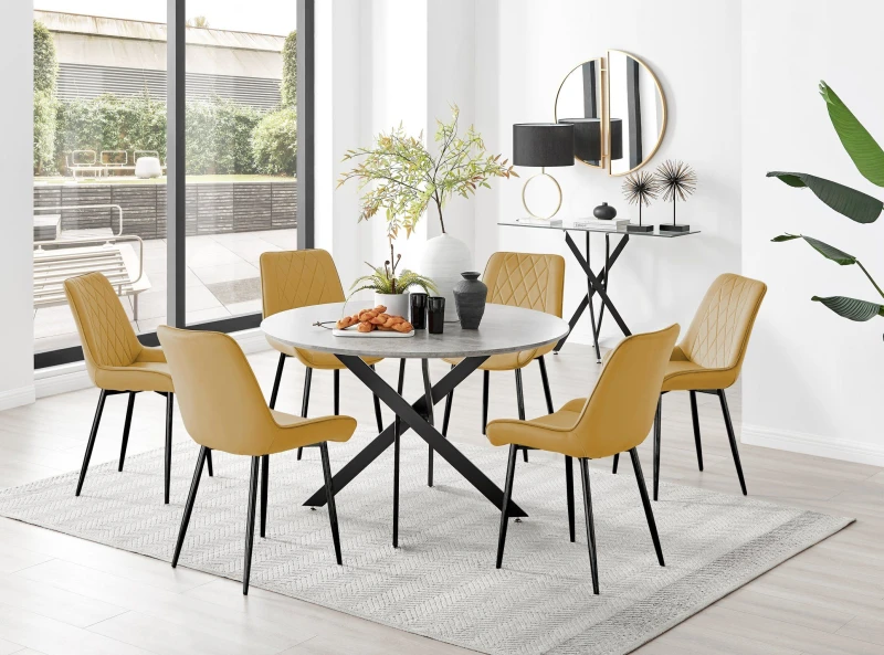Image of FurnitureboxUK FurnitureboxUK Novara Grey Concrete Effect Black Leg 120cm Round Dining Table & 6 Pesaro Black Leg Chairs in Mustard Mustard One Size U