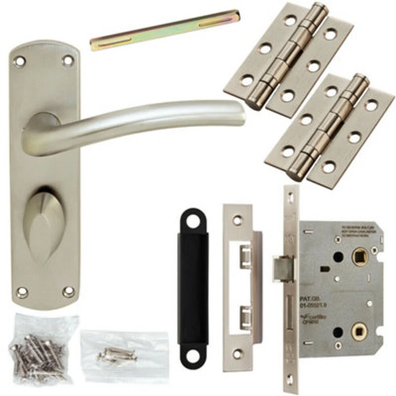 Image of Loops Door Handle & Bathroom Lock Pack Satin Chrome Modern Arched Lever Backplate Multi