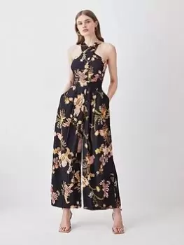 Image of Karen Millen Floral Linen Halter Jumpsuit - Multi, Size 16, Women