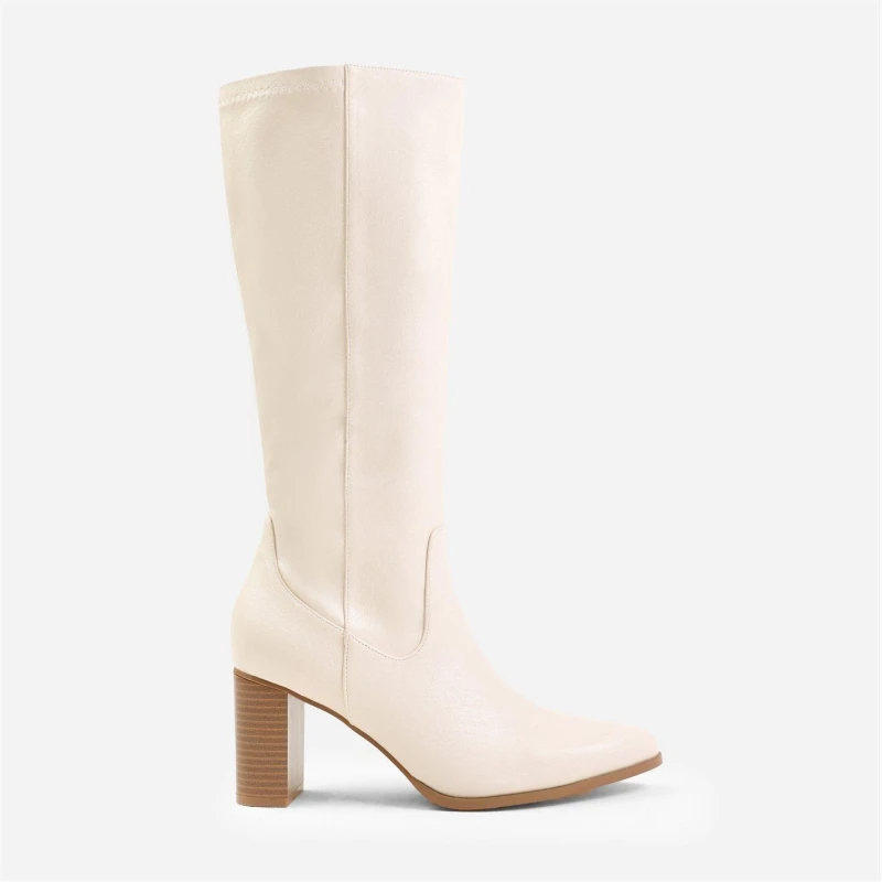 Image of Where's That From 'Alpha' Block Heel Knee High Boots With Stitch Detail Cream