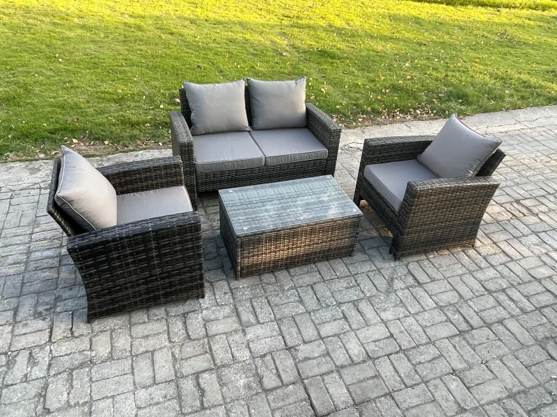 Image of Fimous Outdoor Lounge Sofa Set Wicker PE Rattan Garden Furniture Set with Coffee Table Double Seat Sofa in Dark Grey Dark Grey Unisex
