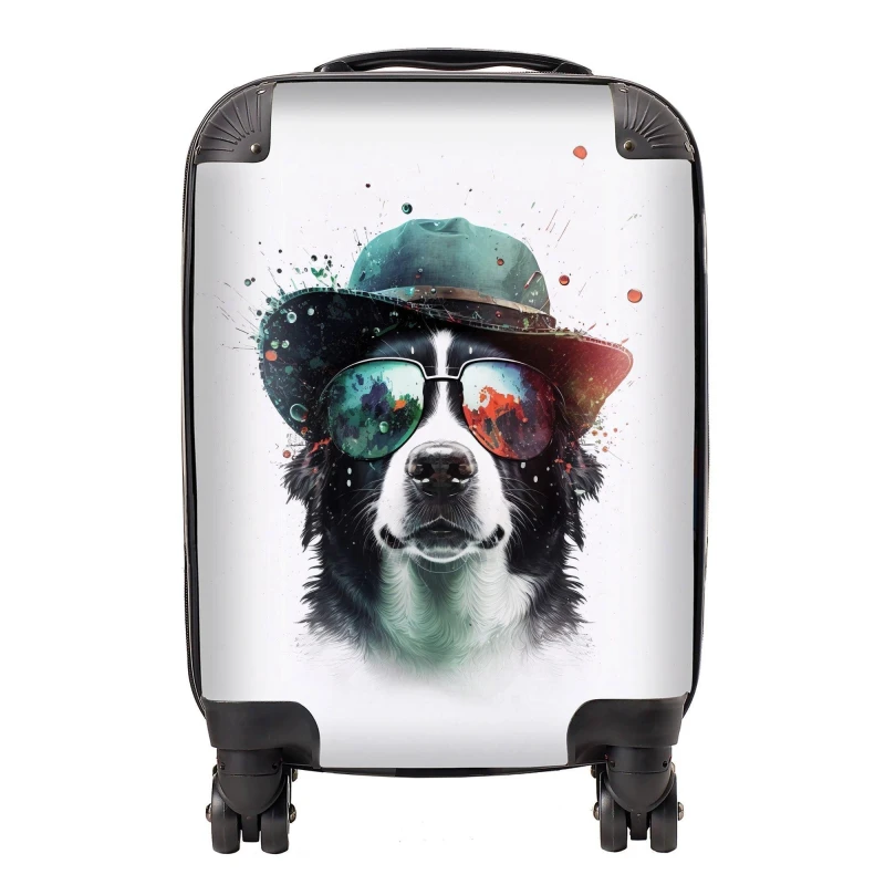 Image of Warren Reed - Designer Border Collie Dog Face Glasses & Hat Splashart Suitcase Size: Medium Multicolor Unisex Medium