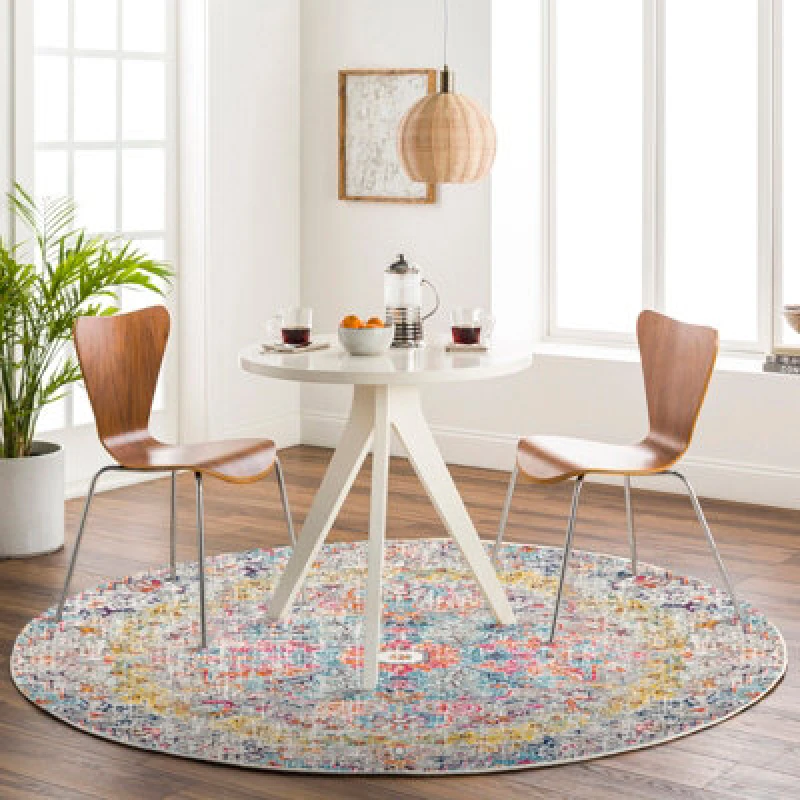 Image of Livabliss Round Vintage Oriental Boho Teal/beige Lou Area Rug 160 X 160 Cm - Easy Care, Non Shedding, Ideal For Living Room & Bedroom