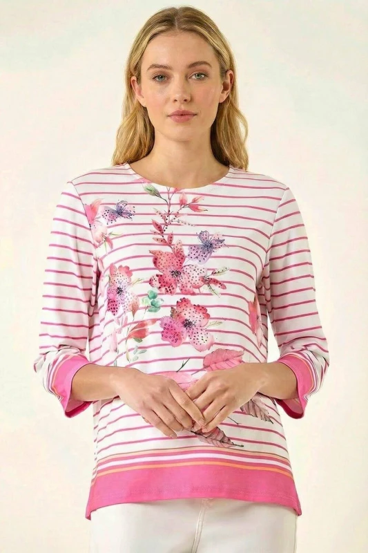 Image of Roman Womens Stripe Floral Print Stretch Top in Pink Size: 16 Pink Female 16
