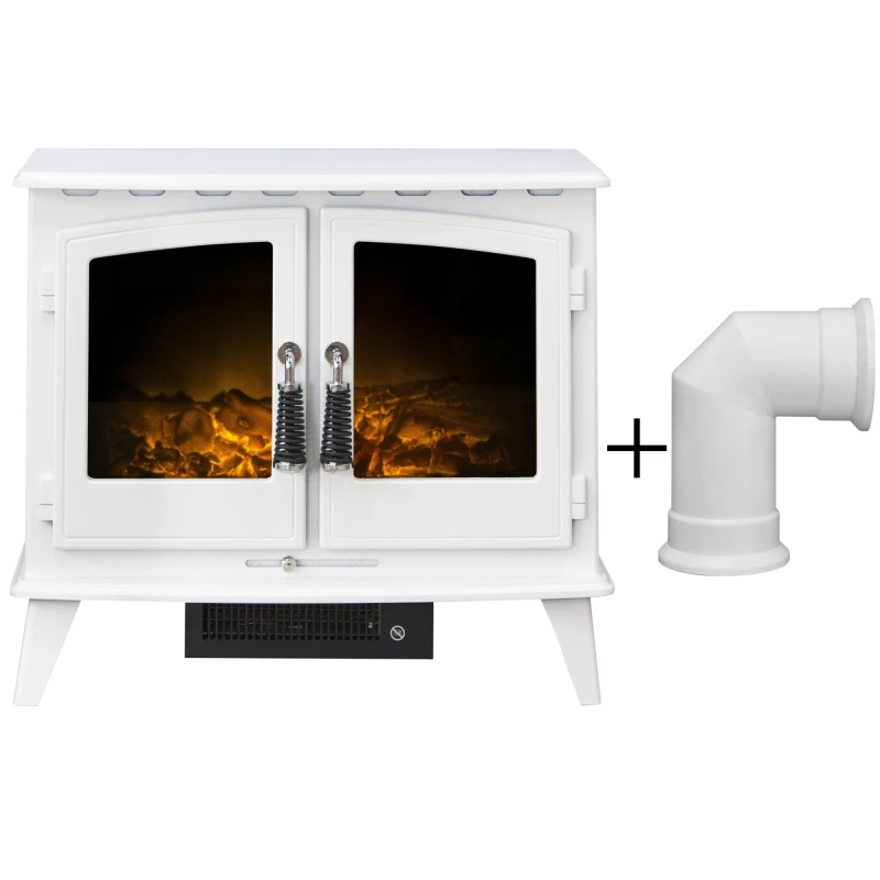 Image of Adam Fires & Fireplaces Adam Woodhouse Electric Stove in Pure White with Angled Stove Pipe in Pure White White