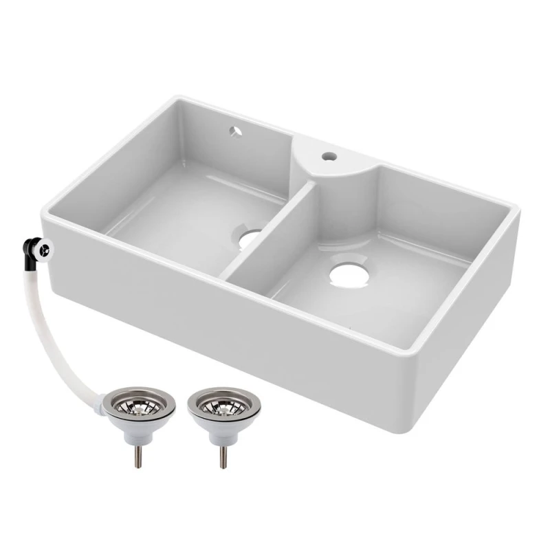 Image of BALTERLEY Balterley - 895mm - Double Bowl Fireclay Butler Kitchen Sink - Stepped Weir, Tap Hole & Waste BKS217W
