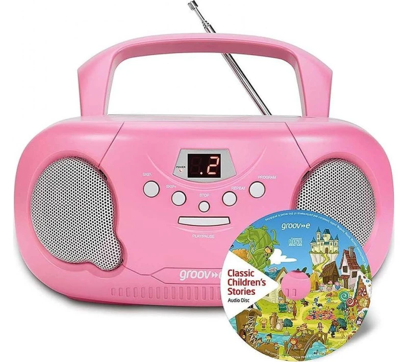 Image of GROOV-E GVPS733CD10/PK Portable FM/AM Boombox & Children's Stories CD - Pink 5060108297561