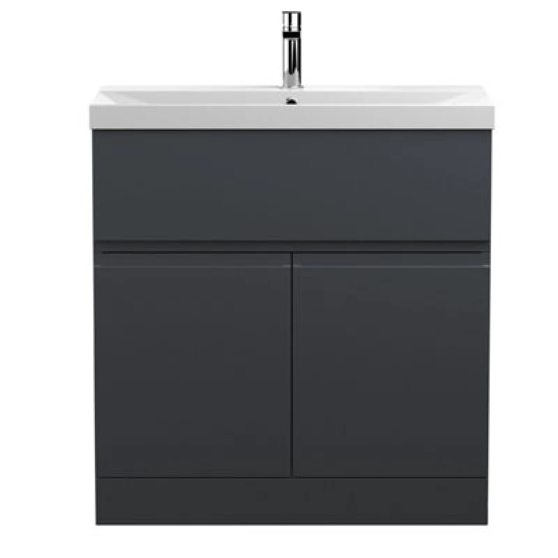 Image of Hudson Reed Urban Floor Standing 2 Door 1 Drawer Vanity Unit With Thin-Edge Basin, Modern Vanity Unit In Soft Black, 800mm