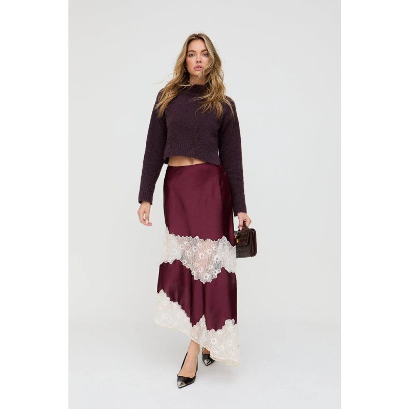 Image of Lily and Lionel Lily and Lionel Elenor Lace Insert Midi Skirt In Burgundy Red female 12 (M)