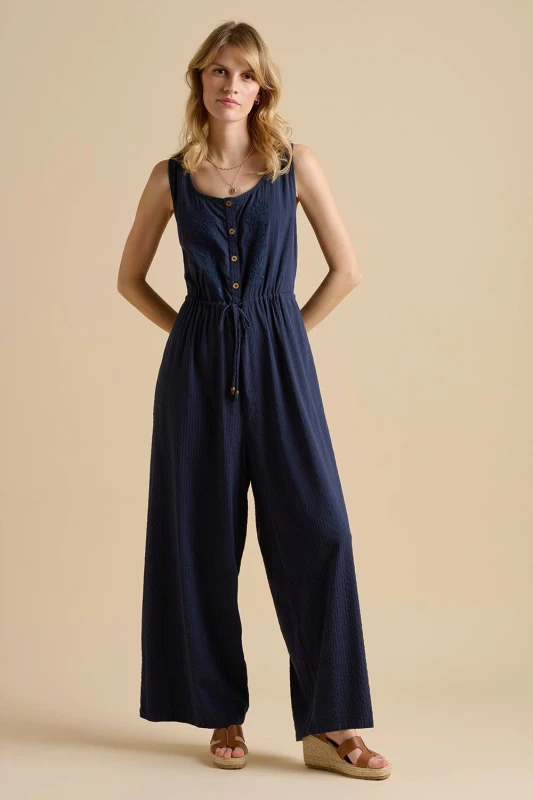 Image of Brakeburn Womens Embroidery Drawstring Tie Jumpsuit in Navy Size: 8 Navy Female 8