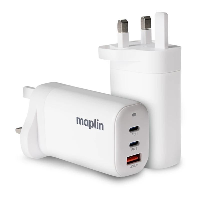 Image of Maplin 3 Port USB Wall Charger 2x USB-C 1x USB-A GaN PD QC 3.0 45W Hig
