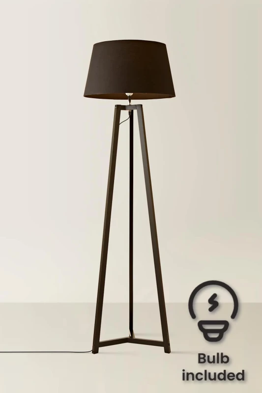Image of ValueLights Lottie Black Wood Tripod Floor Lamp with Fabric Tapered Shade and LED Bulb Black