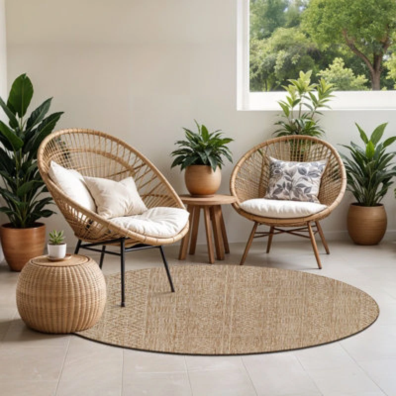 Image of Livabliss Round In- & Outdoor Global Brown Sweta Area Rug 160 X 160 Cm - Easy To Clean, Perfect For Patio, Balcony, Kitchen Or Dining Room