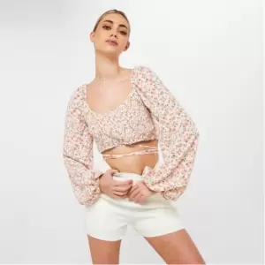 Image of Missguided Floral Print Shirred Crop Top - White