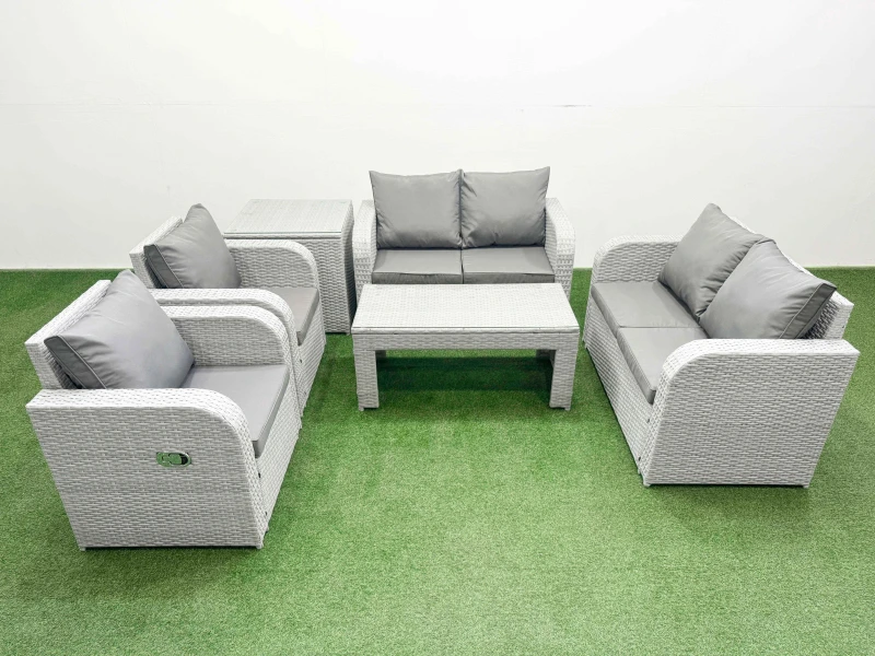 Image of Fimous 6 Seater Outdoor Reclining Chair Love Sofa Set Rattan Garden Furniture Set with Oblong Coffee Table Side Table Light Grey Light Grey
