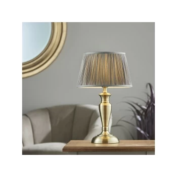 Image of Endon Lighting Oslo & Freya - Table Lamp Antique Brass Plate & Charcoal Grey Silk 1 Light IP20 - E27