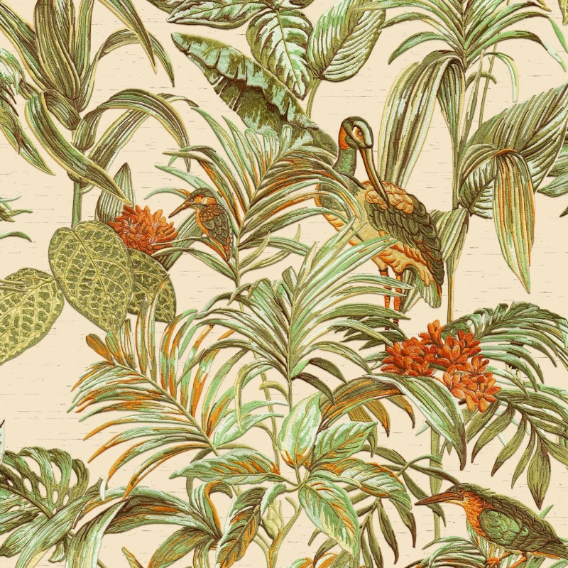 Image of DUTCH WALLCOVERINGS Dutch Wallcoverings - Cream Green Orange Tropical Wallpaper Birds Palm Textured Paste the Wall Vinyl 8809660031698