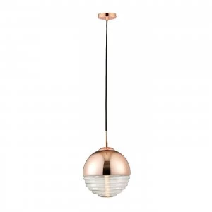 Image of 1 Light Globe Ceiling Pendant Copper Plated, Clear Ribbed Glass, E14