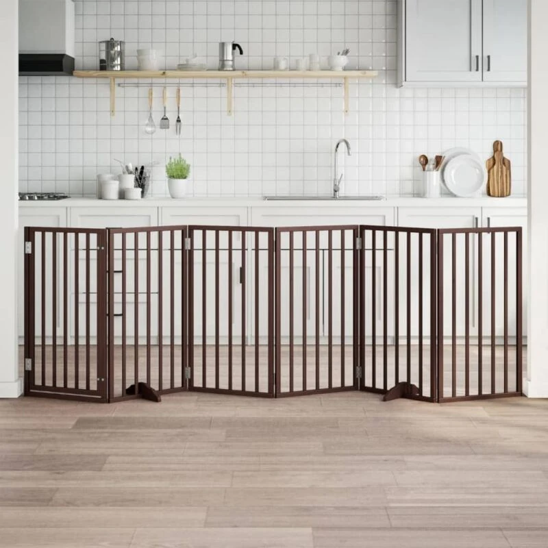Image of vidaXL Dog Gate with Door Foldable 6 Panels Brown 300cm Poplar Wood, Brown 352199