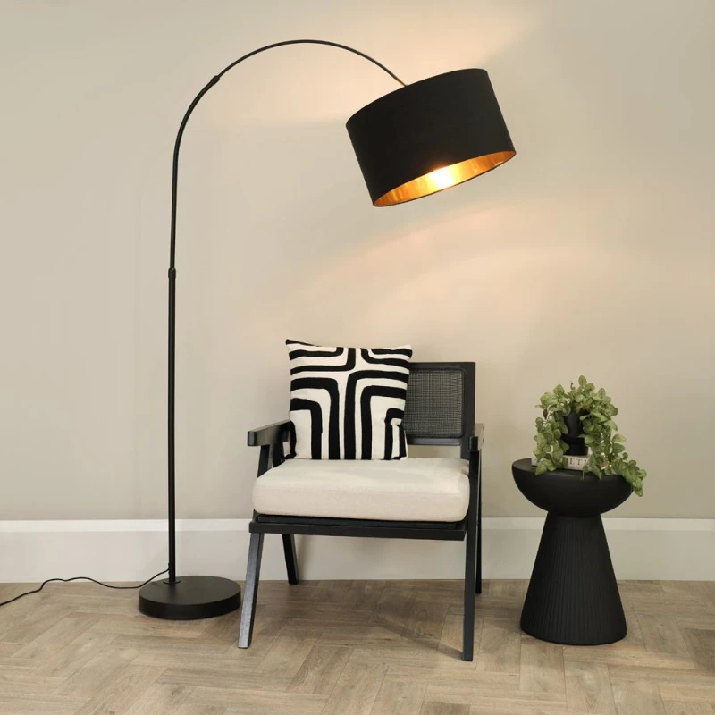 Image of ValueLights Louis Black Arched Curved Floor Lamp with Black and Metallic Gold Inner Shade Black