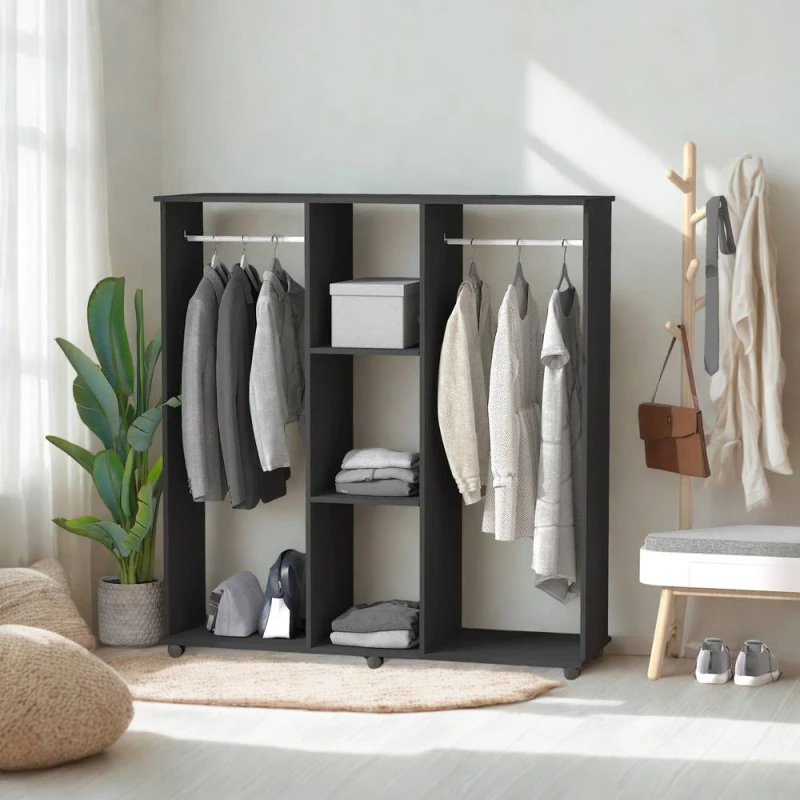 Image of FURNOS Open Wardrobe Clothes Rail With Storage Shelves on Wheels Black Unisex