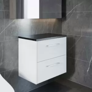 Image of Juno Wall Hung 2-Drawer Vanity Unit with Sparkling Black Worktop 600mm Wide - White Ash - Hudson Reed