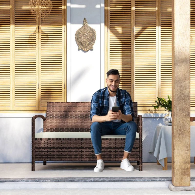 Image of Outsunny Rattan Garden Bench w/ 125L Storage, Cushioned Outdoor Bench, Brown Brown