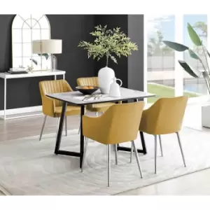 Image of Furniture Box Carson White Marble Effect Dining Table and 4 Mustard Calla Silver Leg Chairs