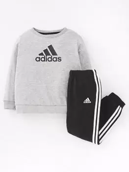 Image of Boys, Adidas Infants Badge Of Sport Crew & Pant Set, Grey/Black, Size 0-3 Months