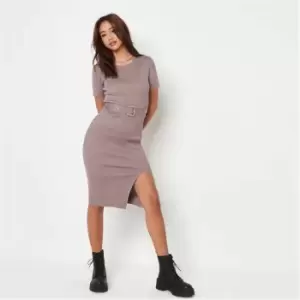 Image of Missguided Rib Self Belted Knit Midaxi Dress - Brown
