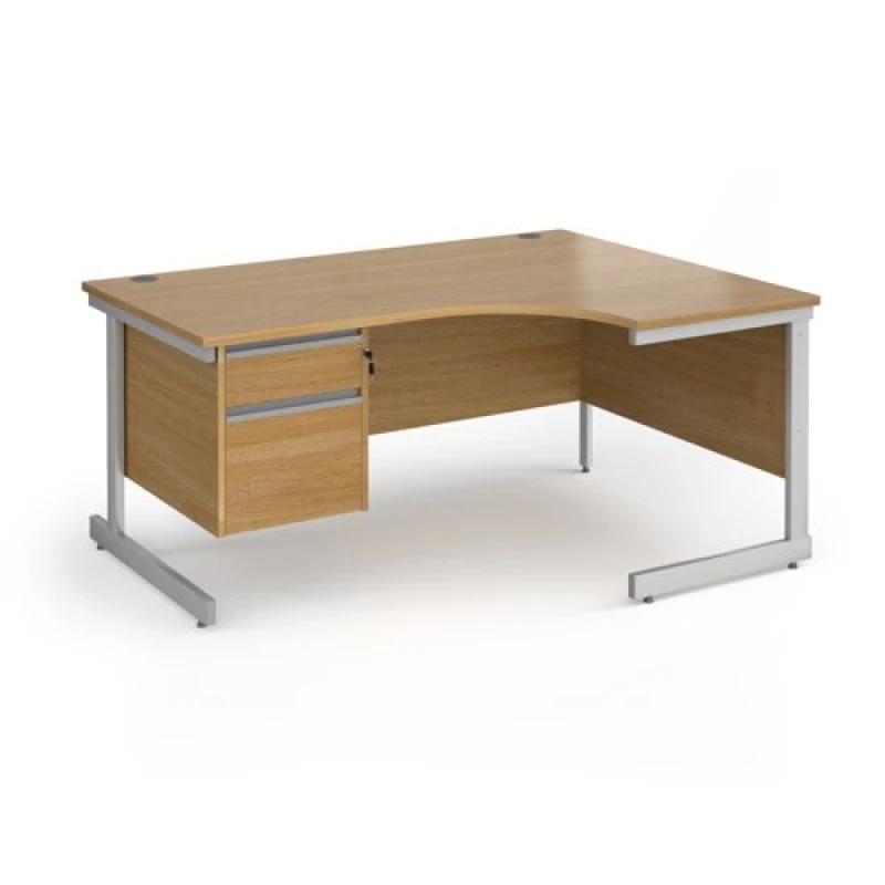 Image of Contract 25 Right Hand Silver Frame Ergonomic Office Desk with 2 Drawer Pedestal - 1600mm - Oak
