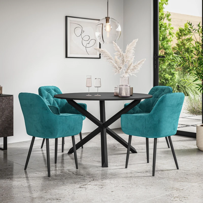 Image of More4Homes Malvern Round Dining Table And Chairs - Black Table Top W Solid Black Oak Legs + Anika Velvet Dining Chair Set Of 4 (Blue)
