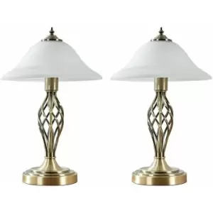 Image of 2 x Antique Brass Barley Twist Table Lamps Frosted Alabaster Shade - No Bulbs
