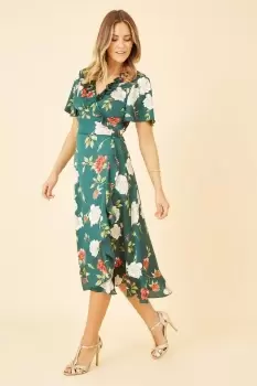 Image of Green Satin Rose Print Wrap Dress
