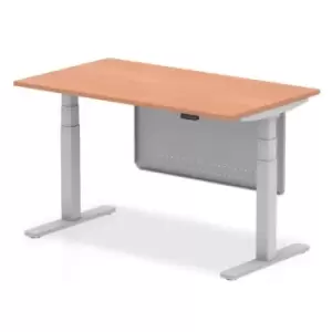 Image of Air 1400 x 800mm Height Adjustable Desk Beech Top Silver Leg With Silver Steel Modesty Panel