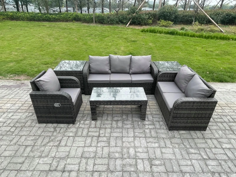 Image of Fimous 6 Seater High Back Rattan Garden Furniture Set with Loveseat Sofa Rectangular Coffee Table 2 Side Tables Indoor Outdoor Patio Lounge Sofa Set D